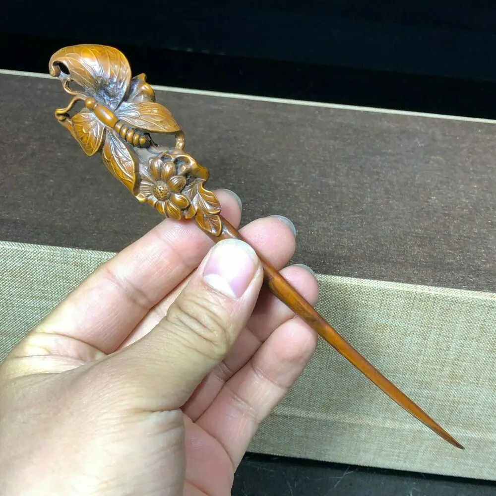 длина 6,7 дюйма Старинная самшитовая статуэтка бабочки, шпилька для коллекционирования