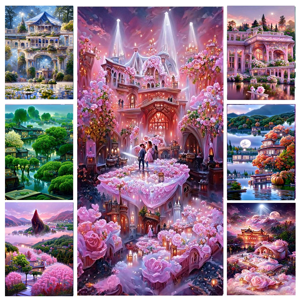 Алмазная живопись Романтический Розовый Цветочный дом, Декорации замка, Алмазная мозаика, Вышивка стразами, Свадебный декор принцессы своими руками A160