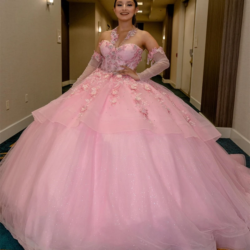 Розовое Блестящее Пышное Платье, Бальное Платье С Открытыми плечами, Кружевной Корсет С цветами, Расшитый Бисером, Пышное Платье Sweet 15 Party Vestidos De XV Años