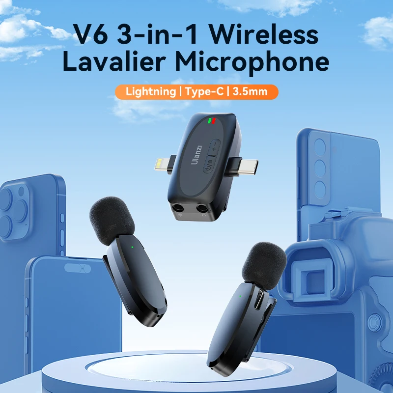 Ulanzi V6 3-в-1 Беспроводной Петличный Микрофон 2,4 ГГц 3,5 мм / Lightning / Type-C Для iPhone Android Камера Ноутбука Видеоблог для интервью