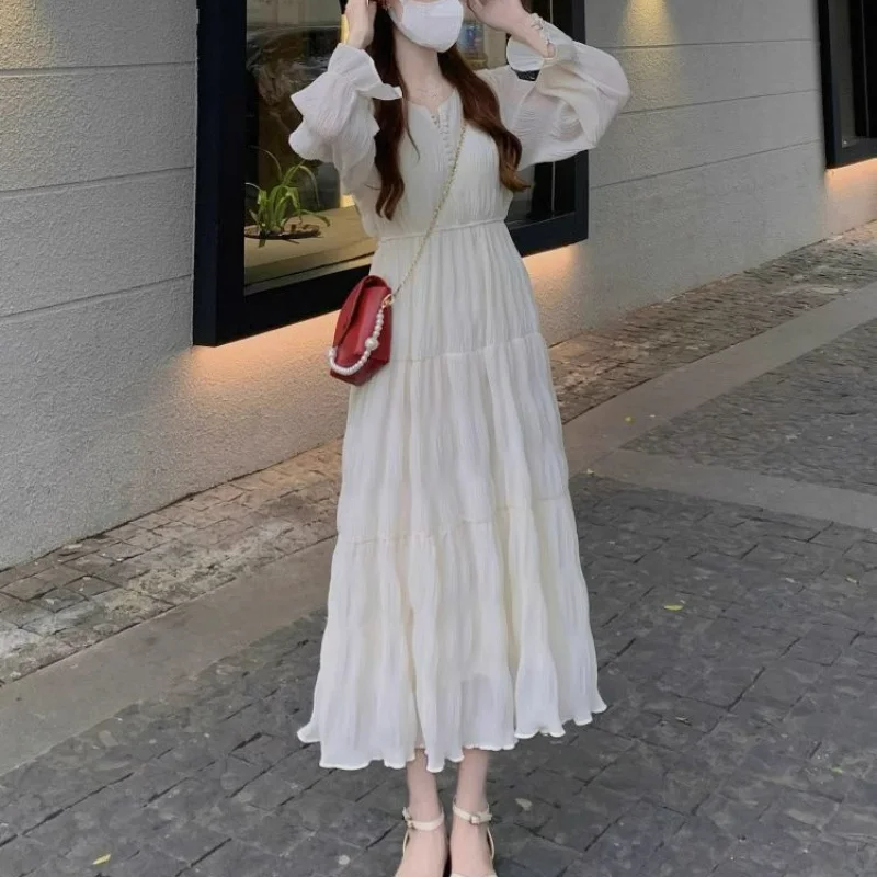 Осеннее модное Новое милое простое шифоновое платье, женское белое платье с вырезом лодочкой и пуговицами на талии, дизайнерские платья в стиле пэчворк с длинными рукавами 2023