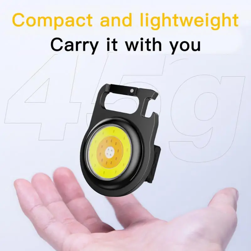 Многофункциональный рабочий светильник COB, перезаряжаемый через USB, портативный мини-брелок, аварийный светильник для кемпинга, освещения пеших прогулок.