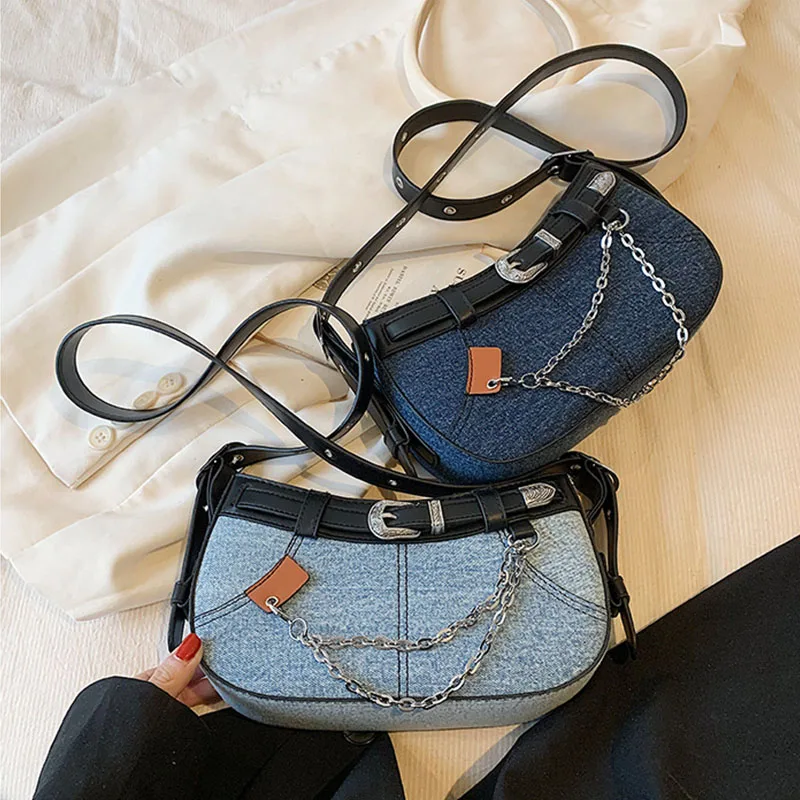 Новая тенденция Ретро-индивидуальности, универсальные сумки через плечо для женщин, модная женская сумка через плечо из синего денима, роскошные дизайнерские сумки