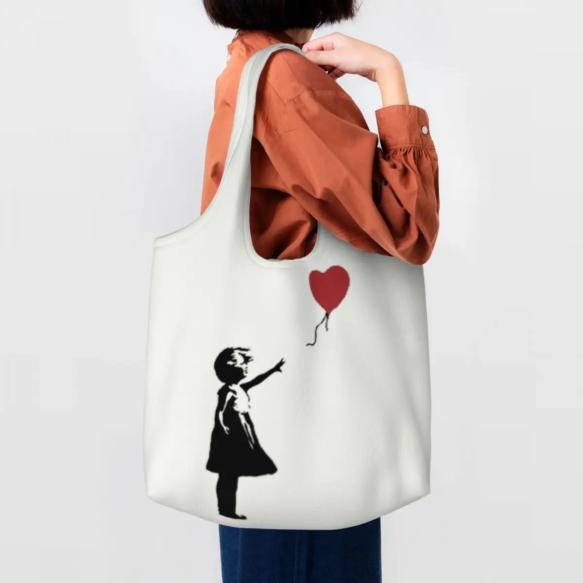 Девушка с воздушным шаром, сумка для покупок в бакалейной лавке Banksy, уличная граффити, Холщовая сумка для покупок через плечо, сумки большой емкости