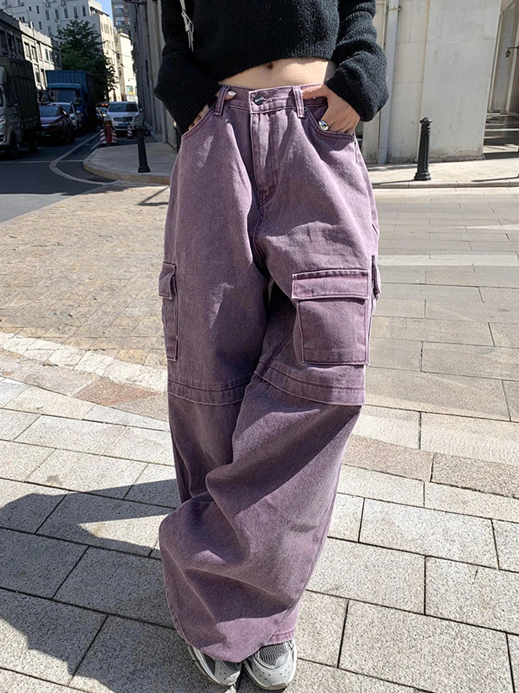Брюки-карго Kalevest Y2K Фиолетовые винтажные теплые женские брюки, эстетичный Корейский стиль, Мешковатые брюки с низкой посадкой, одежда с высокими уличными карманами.