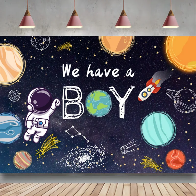 У нас есть фон для мальчика, детский душ, Космическая ракета, астронавт, Звезда ночного неба, фоновые украшения для детского дня рождения