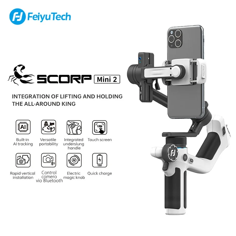 FeiyuTech SCORP Mini 2 Универсальный 3-Осевой Ручной Карданный Стабилизатор для Sony A7III GoPro 12 iPhone 15 Pro AI Tracker