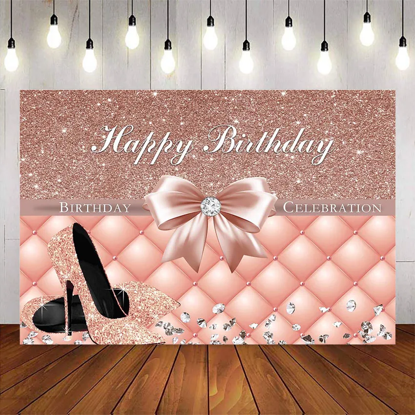 Розовый блестящий фон для дня рождения, Розовое украшение для вечеринки по случаю дня рождения с бантиком на изголовье кровати, Блестящий фон на высоких каблуках для фотостудии diamond