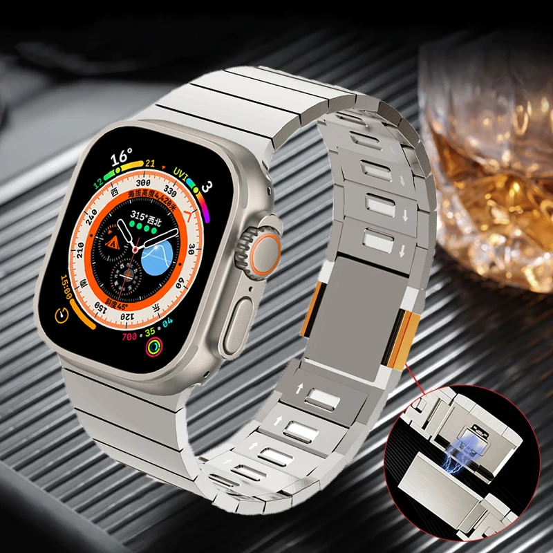 Браслет-Звено из нержавеющей Стали для Apple Watch band 44 мм 45 мм 49 мм Металлический Ремешок с Магнитной Пряжкой iwatch Series 9 8 7 6 SE Ultra 2