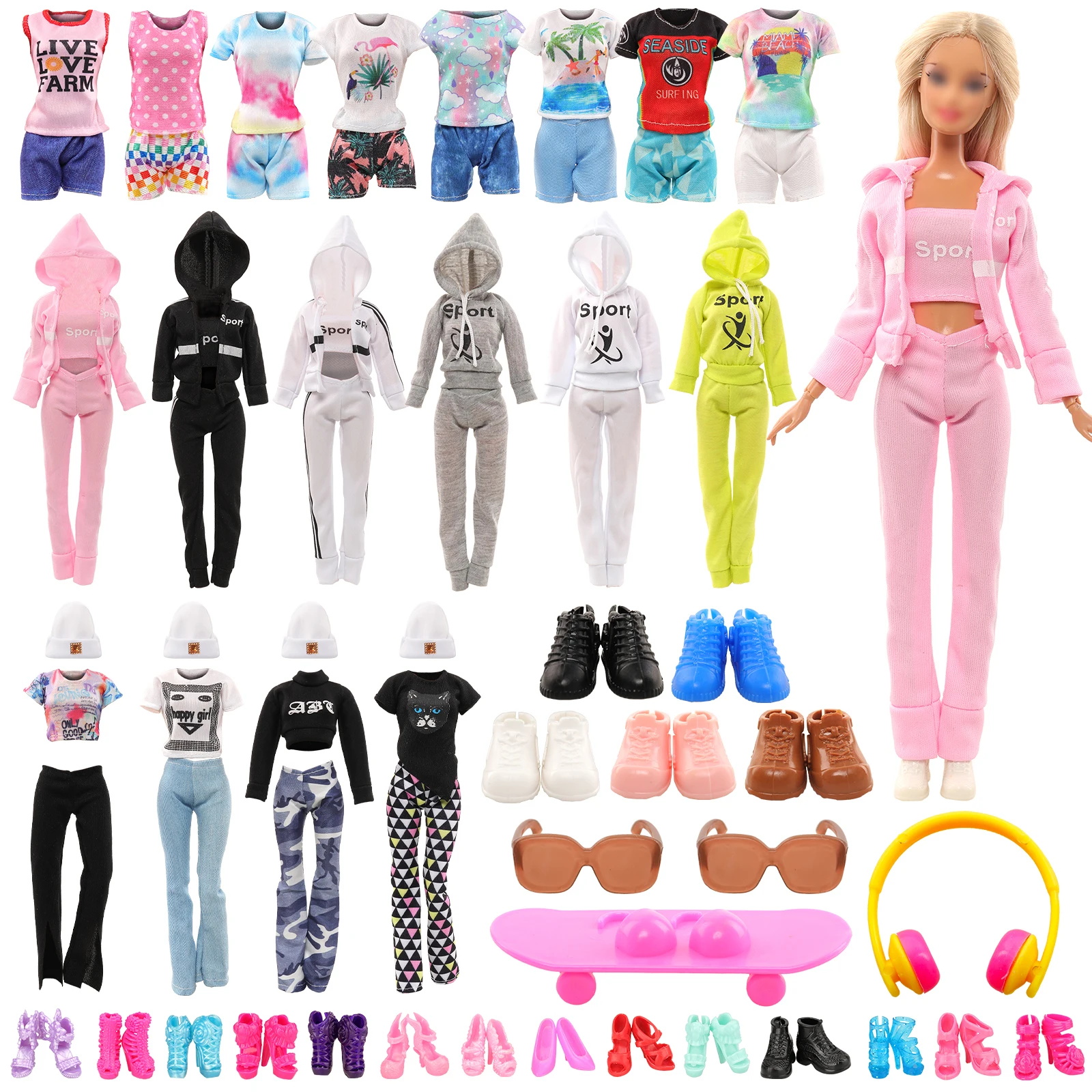Одежда для куклы Barwa Sport Style = 1 Спортивный комплект + 1 Спортивная одежда + 2 топ-брюки, шляпы + 4 топ-шорты + 15 туфель + 1 скейтборд + 2 очки для 11,5 дюймов