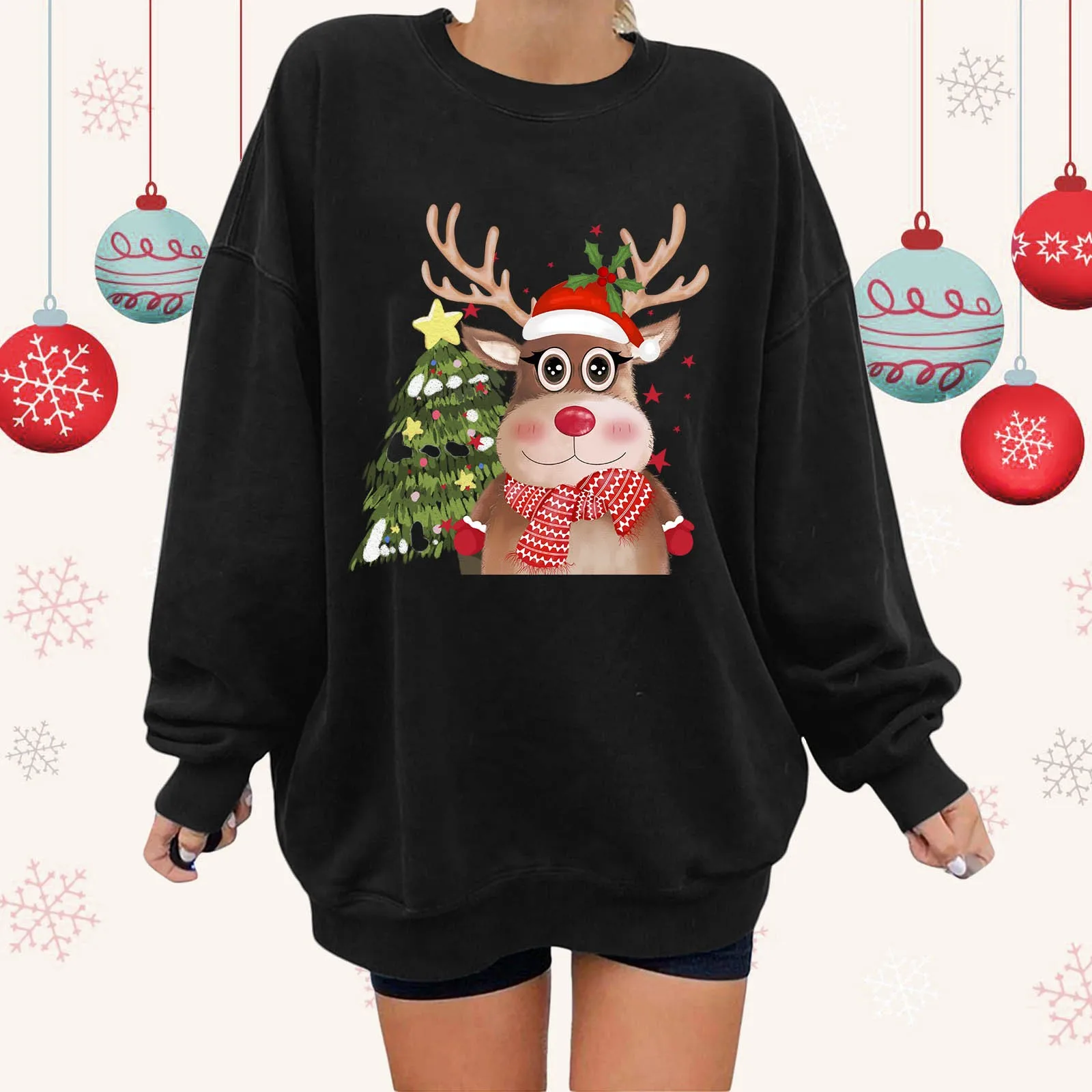 Женский флисовый пуловер оверсайз с круглым вырезом и длинным рукавом, повседневные свободные топы с рождественским принтом