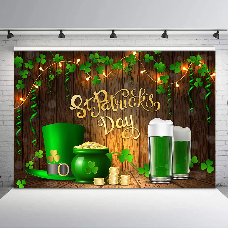 Фон на День Святого Патрика, Счастливый Ирландский трилистник, Зеленая пивная шляпа, дерево, весенний фон для фотосъемки в фотостудии