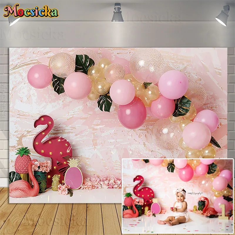 Летние фламинго, праздничные фоны, Воздушные шары, баннер для украшения дня рождения, вечеринка Aloha, торт для новорожденных, реквизит для фотосъемки