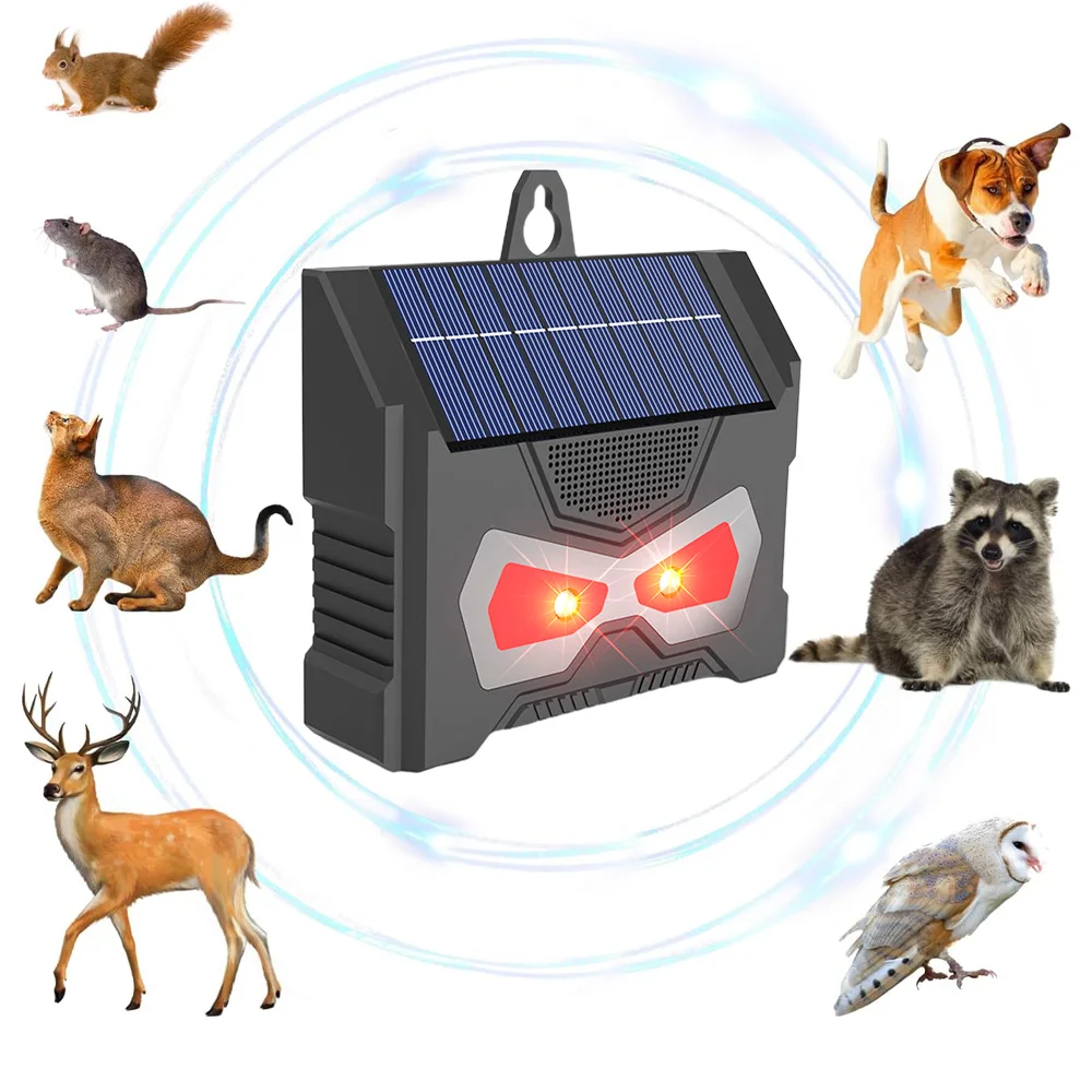 Средство для отпугивания животных на солнечной батарее, водонепроницаемый высокочастотный ультразвуковой отпугиватель енотов со светодиодной лампой-вспышкой