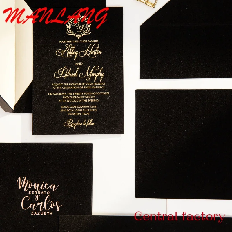 Изготовленные на заказ в Китае роскошные свадебные бархатные пригласительные открытки в конверте для деревенских свадеб