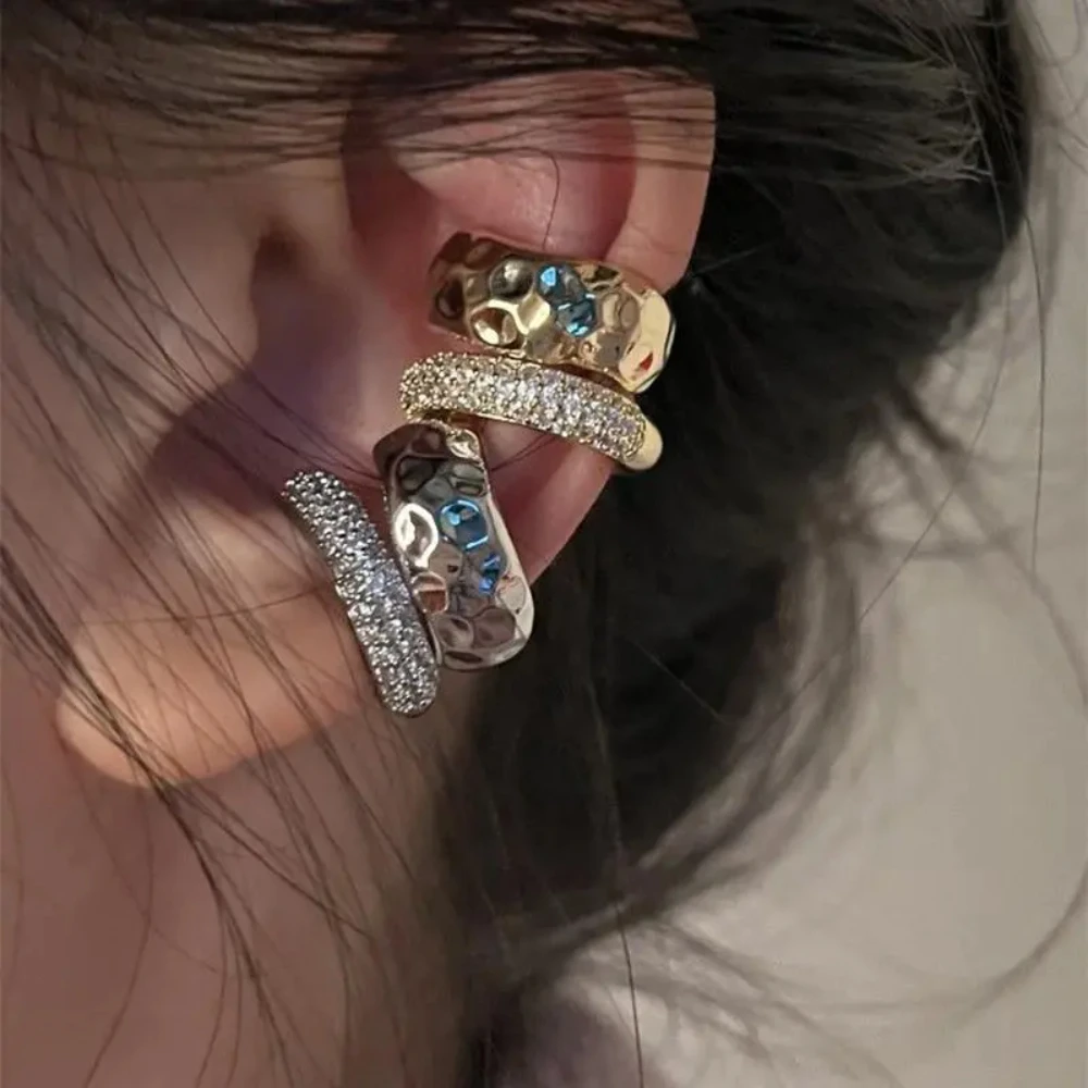 Модная двухслойная ушная манжета из циркона без пирсинга, серьга 2023, модный панк, уникальный металлический геометрический зажим для ушей для женщин, ювелирные изделия