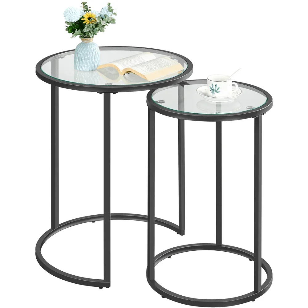 SMILE MART Круглый металлический приставной столик из 2 предметов со стеклянной столешницей для гостиной, черный