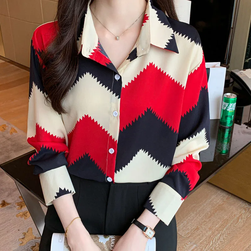 Женская модная Свободная шифоновая рубашка с цветным принтом, Весенняя повседневная Универсальная винтажная блузка, кардиган на пуговицах