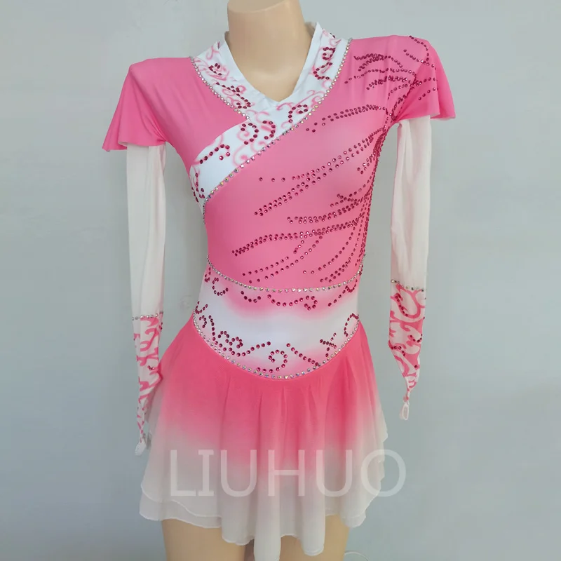 Роскошное Тонкое платье для фигурного катания С длинным рукавом, Розовый градиент, Полная тренировка, Соревновательная девушка