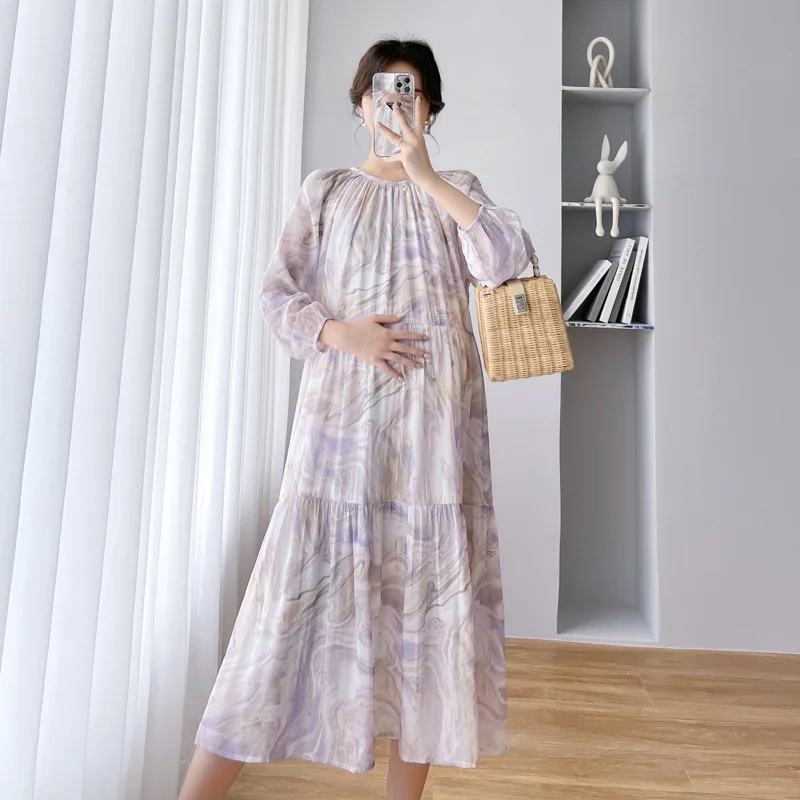 Одежда для беременных, осенняя одежда в стиле ретро с длинным рукавом, Элегантный Темперамент, Свободные Большие размеры, Новый принт 2022, платья для беременных для фотосессии