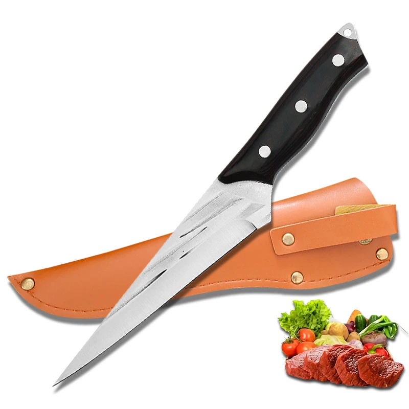 Кухонный нож для разделки мяса из высокоуглеродистой стали, режущий инструмент для чистки мяса шеф-поваром на открытом воздухе, разделочный нож с ножнами