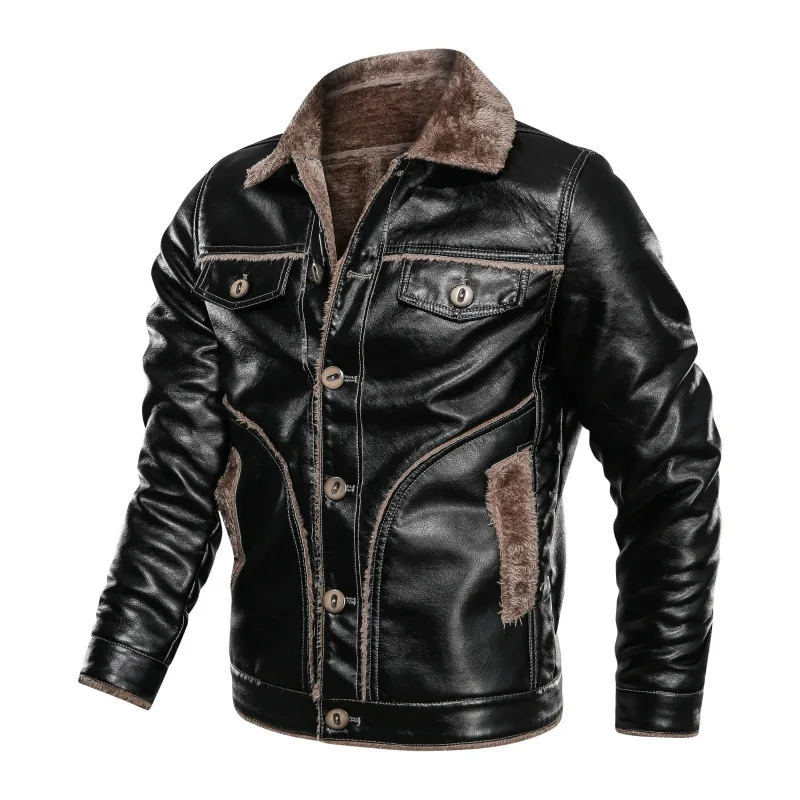 Мужская кожаная куртка в новом зимнем стиле, мотоциклетная кожаная куртка с отворотом, плюшевое и утолщенное модное деловое кожаное пальто