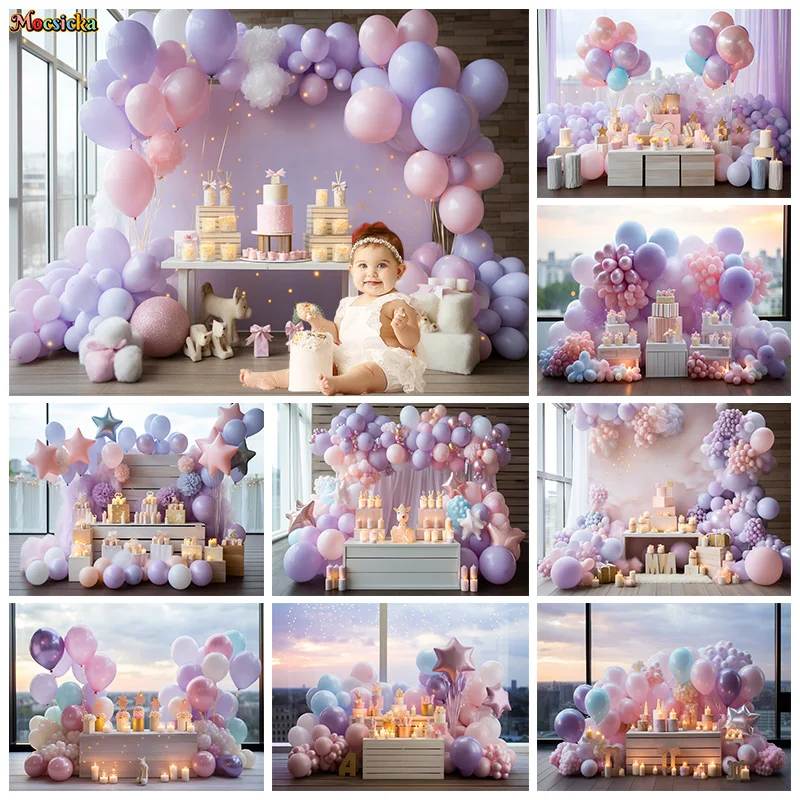 Реалистичный фон для фотосъемки Mocsicka, День рождения, вечеринка с воздушными шарами, Фиолетовый фон при свечах, баннер для фотостудии 