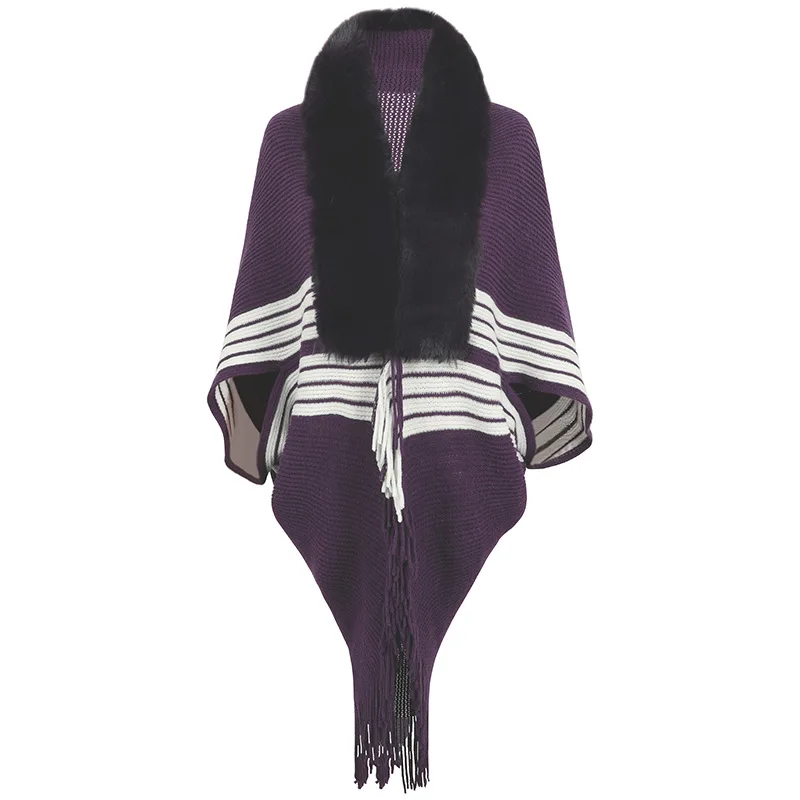Пончо, плащ, Накидки с кисточками, Шаль, Женский Осенне-зимний Вязаный шейный платок в полоску, имитирующий шерсть, Модное пальто, женский кардиган фиолетового цвета