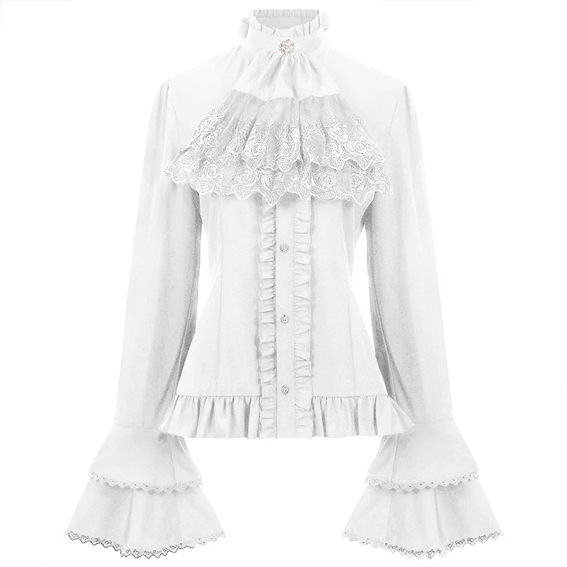 Женские белые кружевные рубашки с бантом, Ренессансная викторианская рубашка в стиле стимпанк, готическая средневековая рубашка с оборками, костюм для Хэллоуина, сорочка для одежды