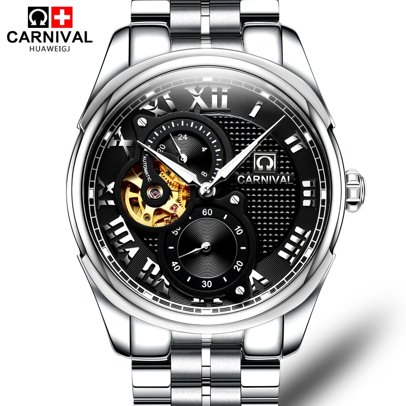 Мужские механические часы Carnival watch, полностью автоматические стальные часы, светящийся водонепроницаемый стол с вырезом 8718