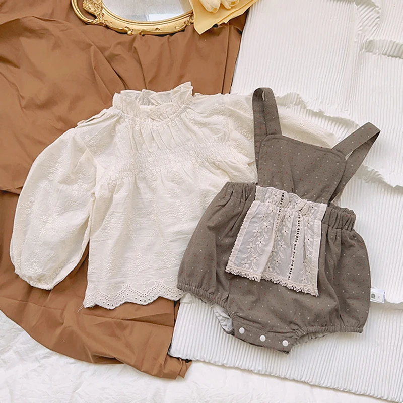 Осенне-весенний детский костюм в корейском стиле от 0 до 24 м, хлопковая рубашка с длинными рукавами + комбинезон, комплект одежды для новорожденных девочек