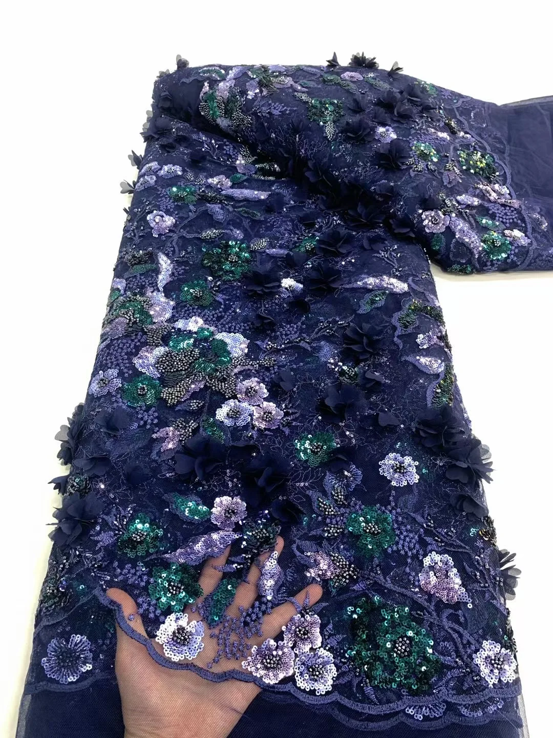Темно-синяя Африканская кружевная ткань ручной работы из бисера, Нигерия, роскошная сетчатая ткань с 3D цветами и пайетками для пошива праздничного платья Woemn