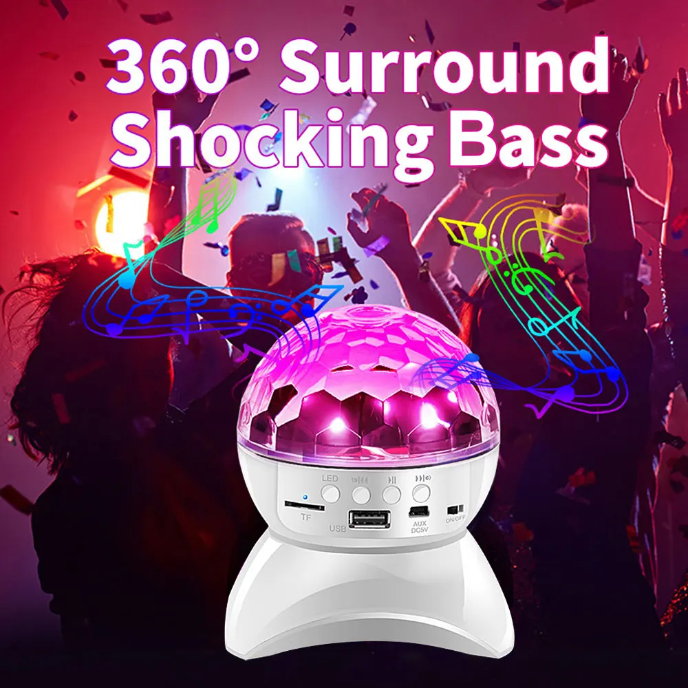 Bluetooth Аудио Dj Свет, окружающий диско-шар на 360 градусов, разноцветный кристалл, USB сценические светильники, консоли, светодиодные фонари для дискотек