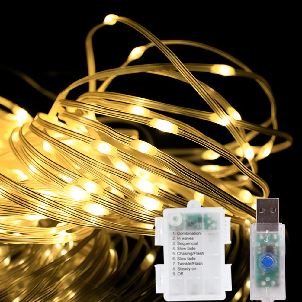 Светодиодные кожаные гирлянды, нитяные сказочные огни, USB / аккумуляторная гирлянда для уличной новогодней вечеринки, Рождественского сада, уличного украшения