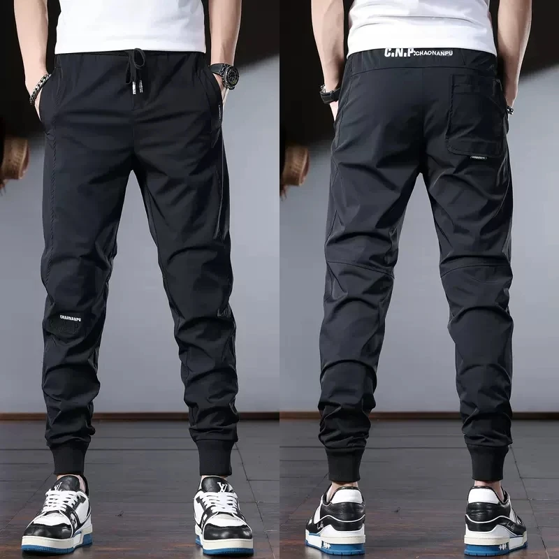 Летние мужские повседневные брюки, черные спортивные штаны для бега трусцой длиной до щиколоток, модные легкие облегающие брюки-джоггеры с эластичной талией