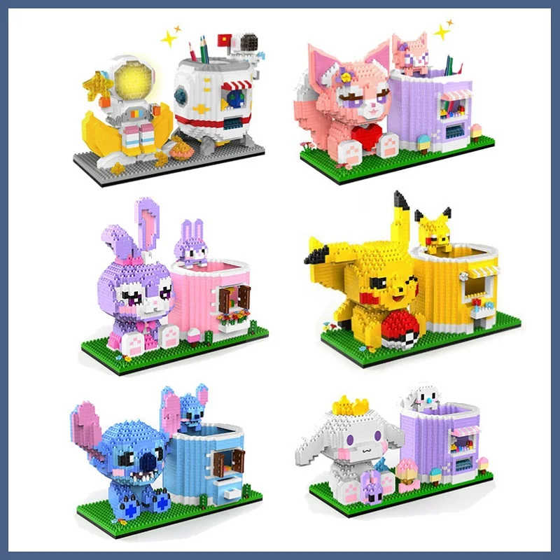 Мультяшные микро-строительные блоки Pokemon Pikachu, Стич, Ручка Stellalou, контейнер, фигурки из бриллиантового кирпича, игрушка в подарок малышу