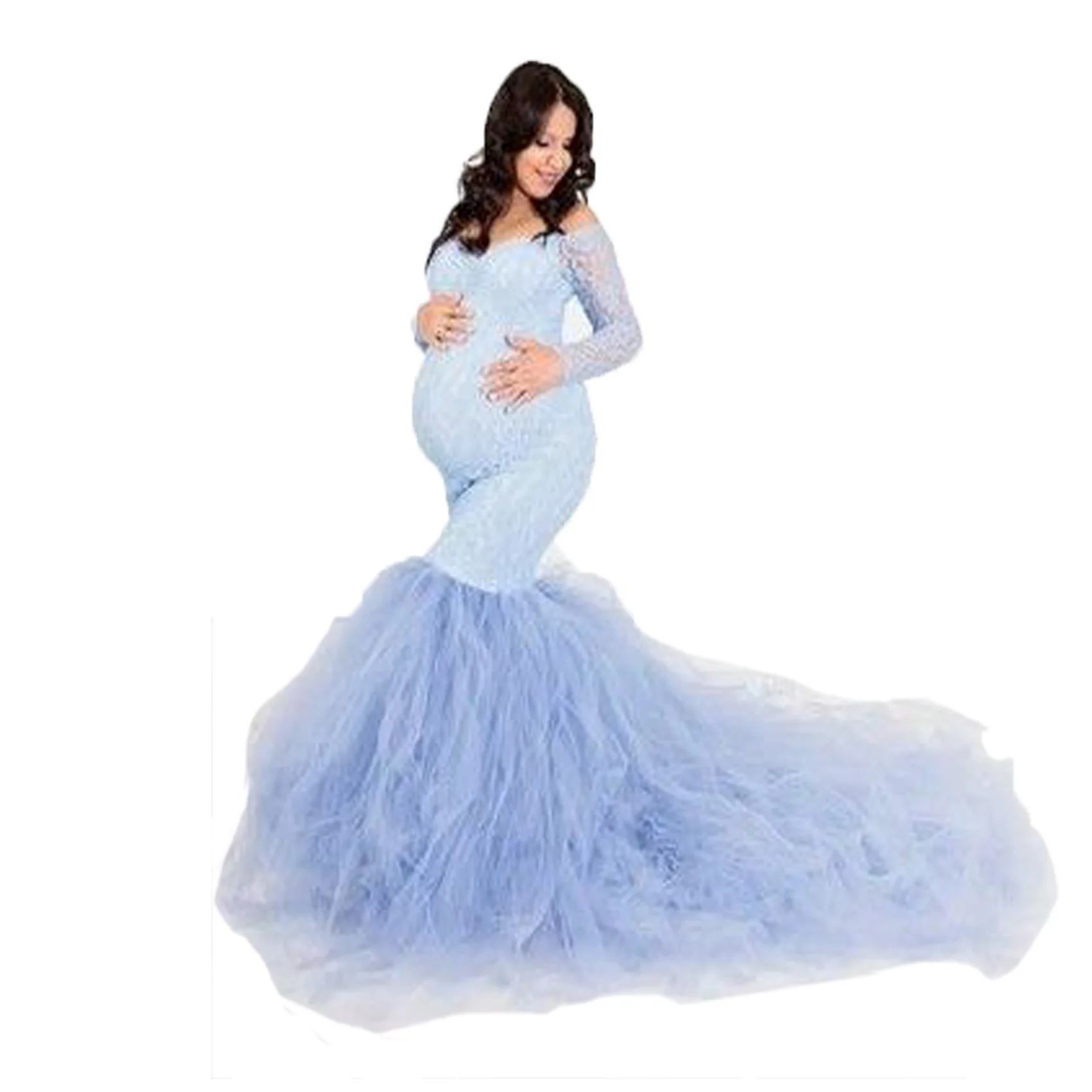 Наряд для фотосессии во время беременности, женское кружевное платье с длинными рукавами и шеей в одну линию, Сетчатое платье-хвост для беременных, платья для беременных, фотосессия