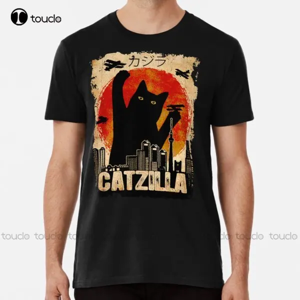 Новая Винтажная футболка Catzilla Funny Black Cat Премиум-класса, Хлопковая футболка S-3Xl, Женские футболки на Заказ, Aldult, Подростковая Унисекс