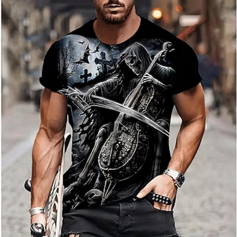 Летняя мужская мода 2024, футболки с круглым вырезом, топы с графическим принтом 3D Death Skull, Короткий рукав, повседневная уличная винтажная мужская одежда