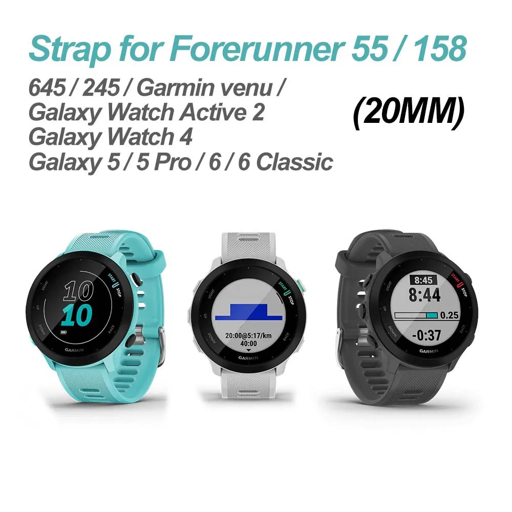 20 мм Ремешок для Garmin Forerunner 55/158/645/245/venu Ремешки Силиконовый Браслет для Samsung Galaxy Watch 4 5 6 Classic Active 2