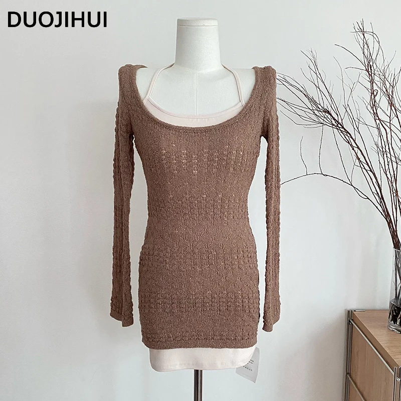DUOJIHUI, Осенние новые сексуальные женские платья из двух предметов, Модный пуловер тонкой вязки с длинным рукавом, однотонные женские платья