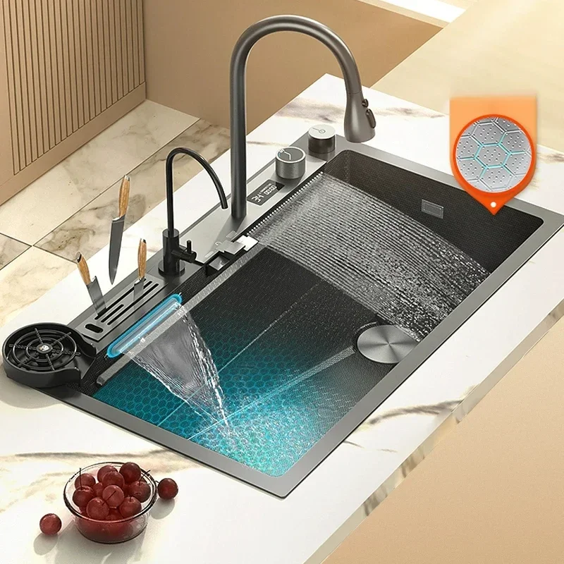 Кухонная раковина с тиснением в виде водопада на цифровом дисплее из нержавеющей стали, большая многофункциональная раковина с одним слотом для кухни