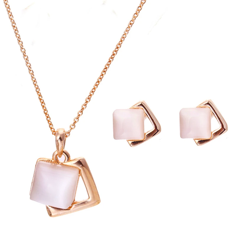 Модное ожерелье с опалом цвета розового золота, серьги, ювелирный набор, Строгая винтажная геометрия Для женщин, квадратный подарок, Оптовая продажа, Прямая поставка