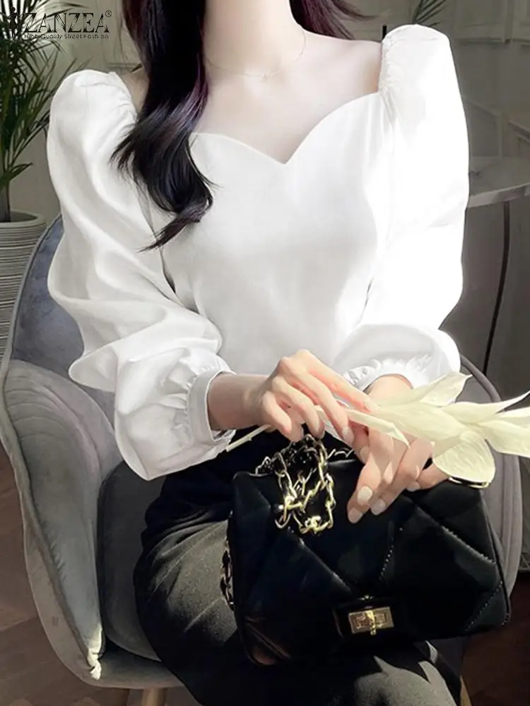 Корейские модные топы с воротником в виде сердца, ZANZEA, элегантная Женская блузка для вечеринок 2023, осенние блузки с длинным рукавом, сексуальная однотонная рубашка с пышными рукавами