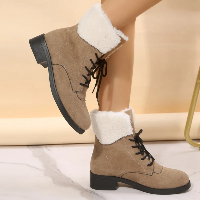 Botas Feminas 43 Женские ботинки, Новинка зимы 2022, зимние ботинки на шнуровке с круглым носком, женская плюшевая теплая хлопчатобумажная обувь на низком каблуке, женская обувь в стиле ретро