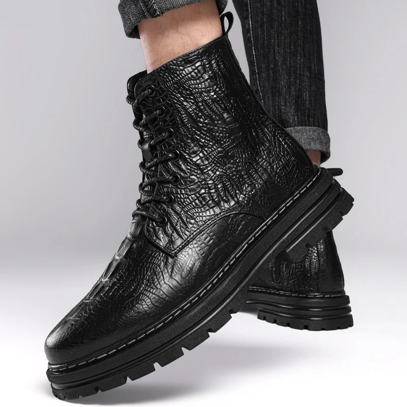 Новые мужские кожаные ботинки на шнуровке WAERTA Large, винтажные мотоциклетные ботинки, модные зимние хлопчатобумажные ботинки с высокой трубкой и рисунком крокодиловой кожи