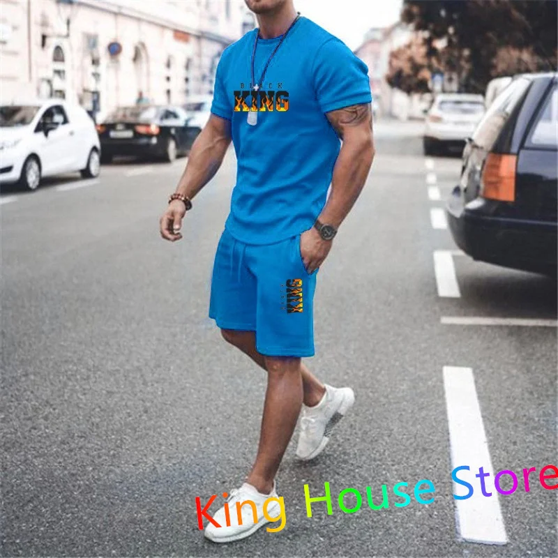 The King Мужской модный спортивный костюм из 2 предметов, летний мужской трендовый повседневный костюм с коротким рукавом, футболка оверсайз, комплект для бега трусцой