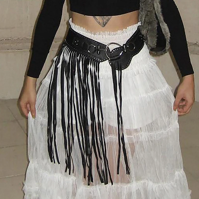 Винтажные женские ремни в стиле панк-готика, индивидуальность, юбка с длинными кисточками, модные заклепки, Широкий эластичный черный женский ремень