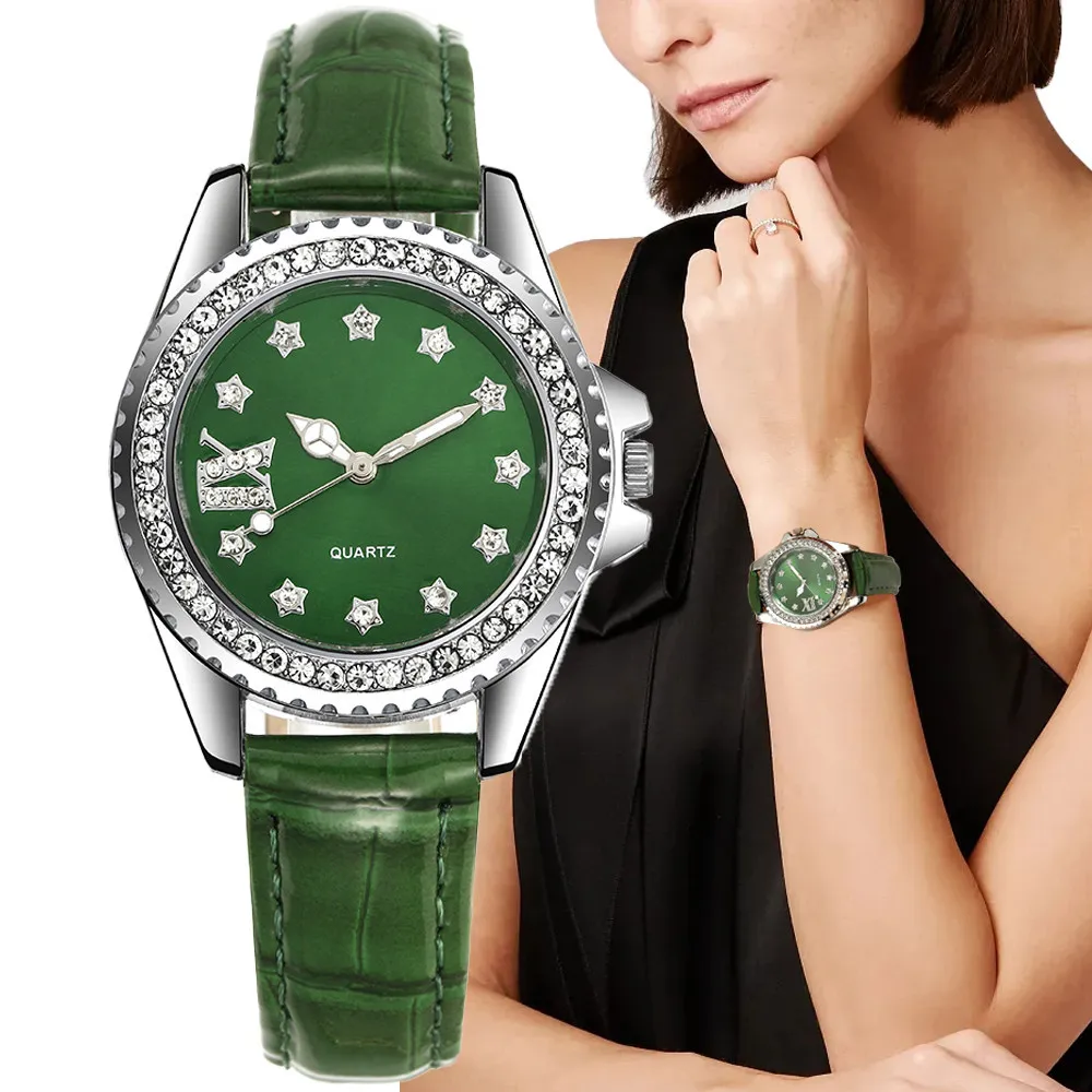 Женские часы элитного бренда, мода 2023, женские кварцевые наручные часы с римским бриллиантом, повседневные Зеленые кожаные платья, часы
