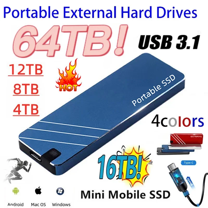 Оригинальный Высокоскоростной Портативный SSD-Накопитель 64 ТБ Внешний Жесткий диск 32 ТБ 16 ТБ Type-C USB3.1 Жесткий Диск для ПК-Ноутбуков